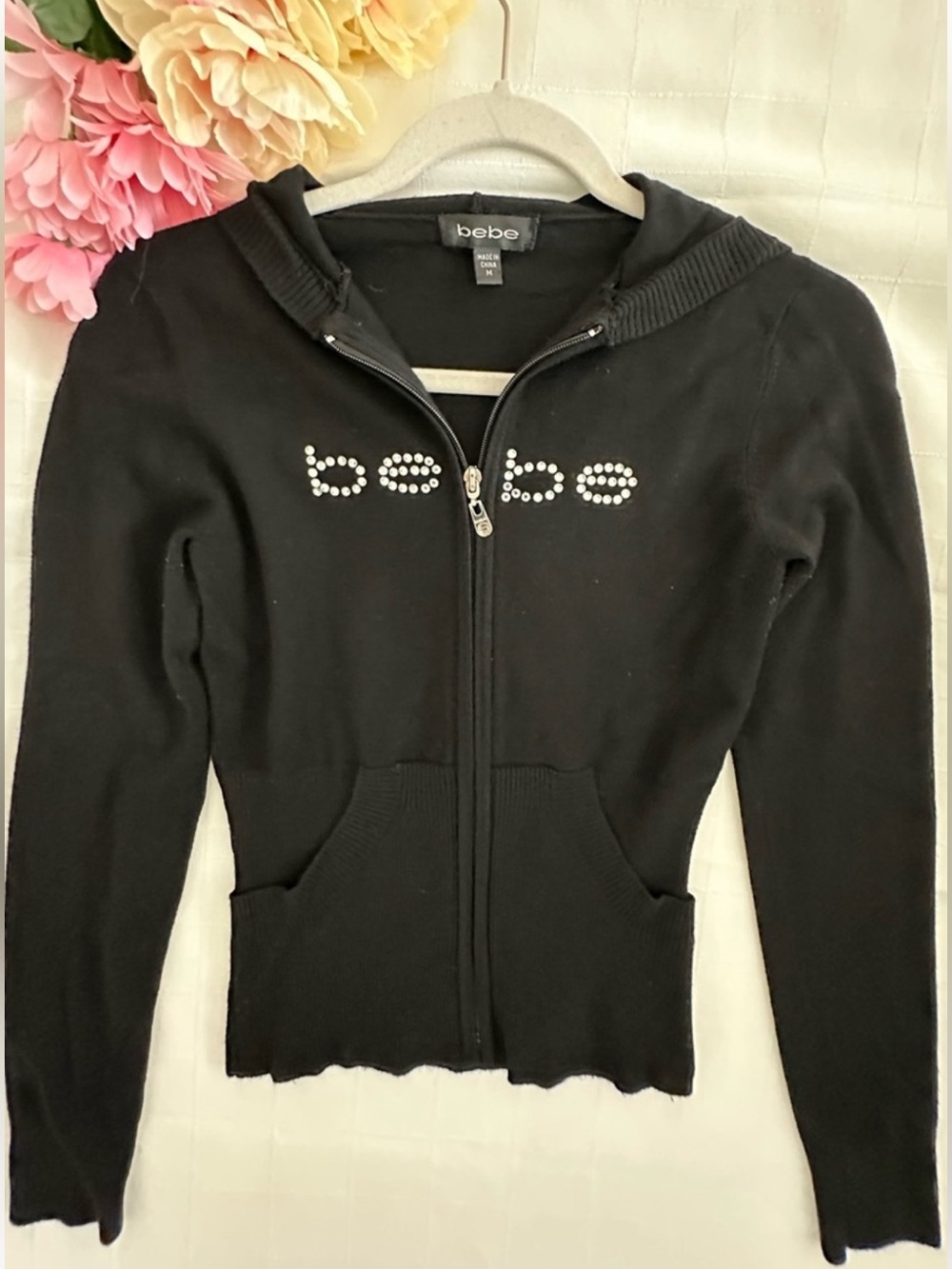 bebe NWOT Black Rhinestone Logo Zip-Up Cardigan Hoodie